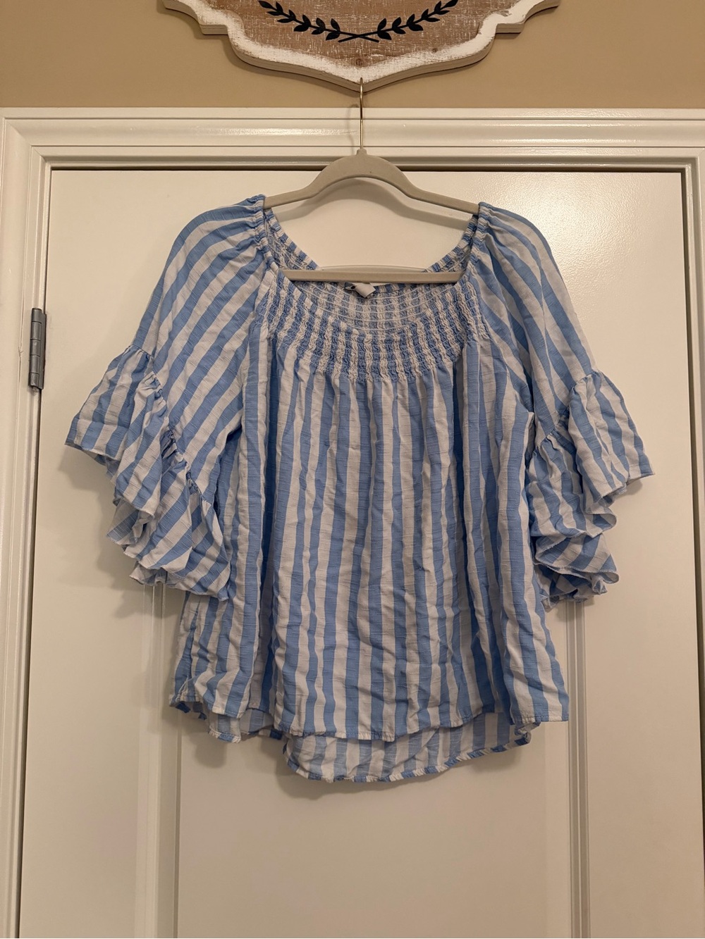 Cato Blue and White Striped Ruffle Sleeve Peasant Top